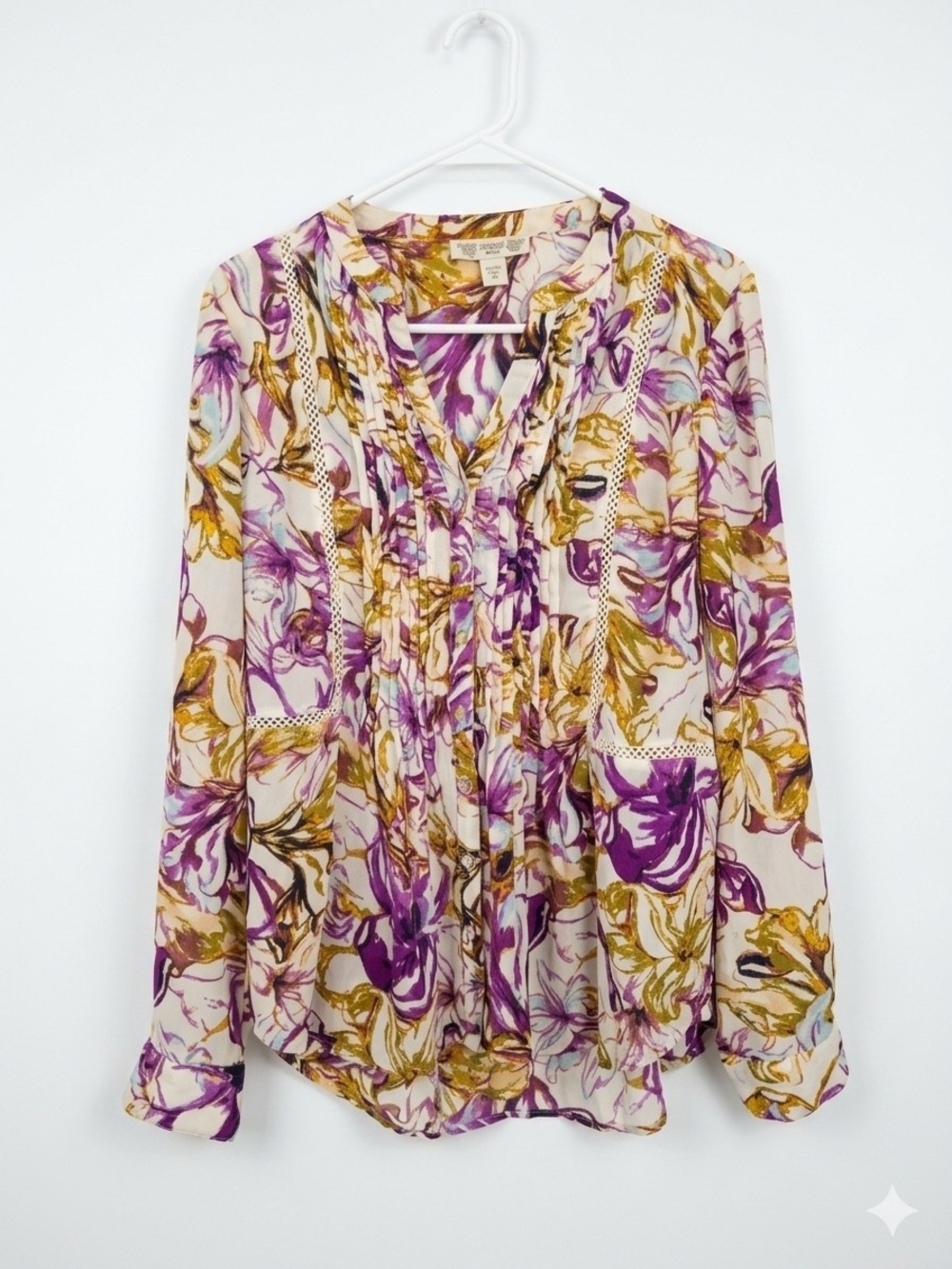 Vintage America Floral Pintuck Blouse - Purple & Gold on Cream